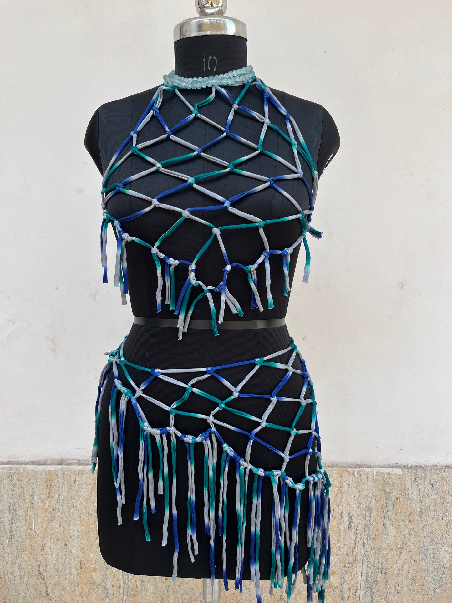 ombre ocean blue and seafoam green macramé harness top festival beachwear”