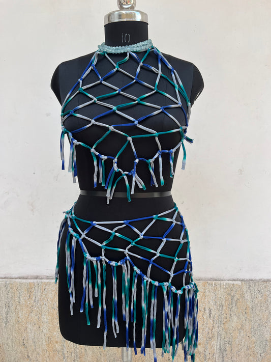 ombre ocean blue and seafoam green macramé harness top festival beachwear”