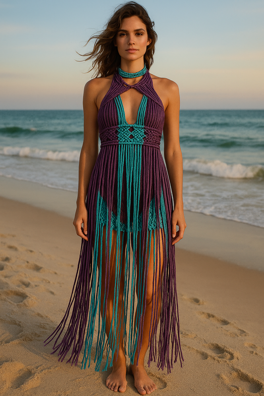 handmade ombré ocean teal and amethyst macramé maxi dress beach cover‑up bikini add on
