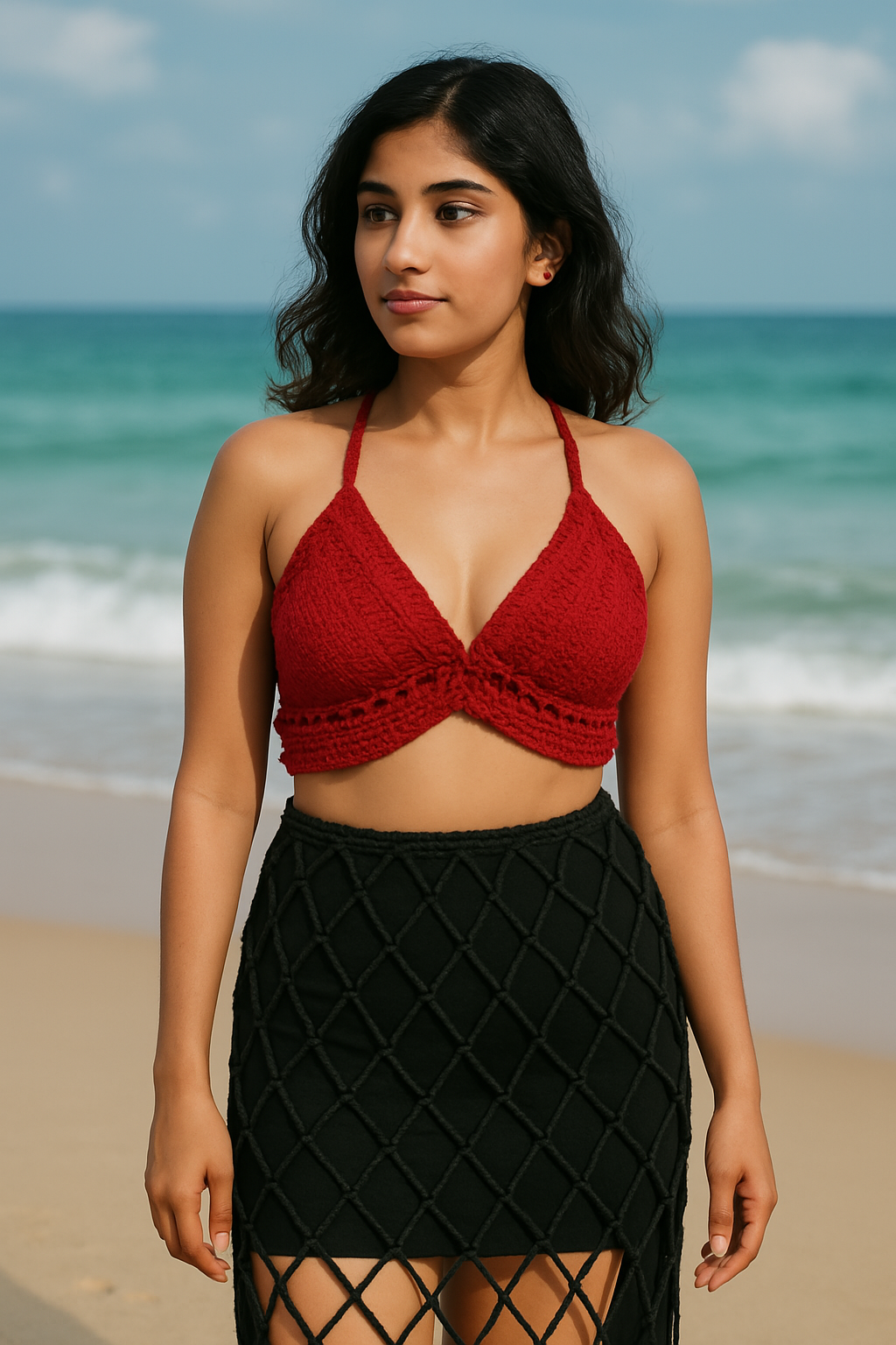 Woman wearing a red crochet top and black skirt on a beach